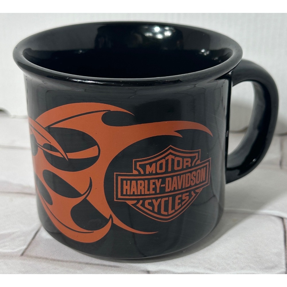 Harley-Davidson 2004 Ceramic Coffee Mug Black Orange Tribal Flames Logo AGC Inc